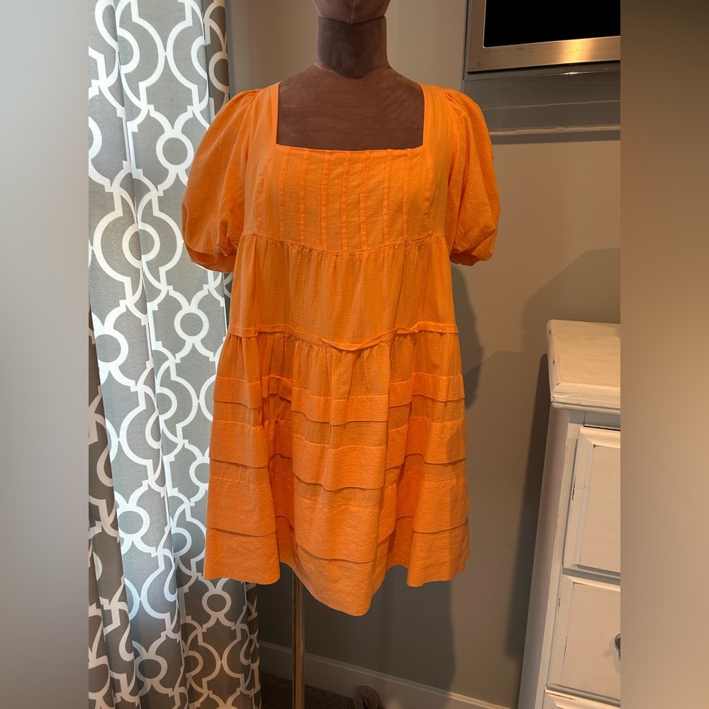Anthropologie Orange Square-Neck Puff-Sleeve Tiered Dress